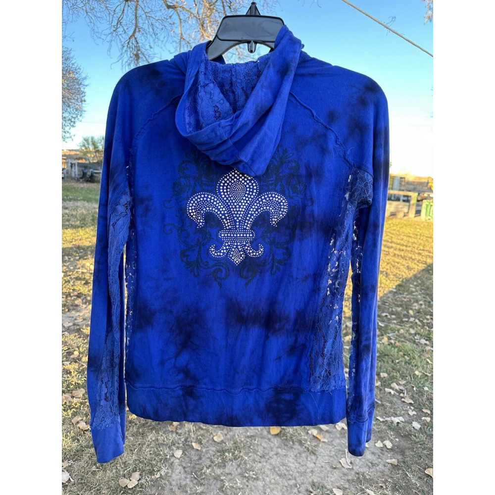Cowgirl Legend Distressed Lace Hoodie Zip Jacket Womens Large Blue Lightweight - Picture 5 of 16
